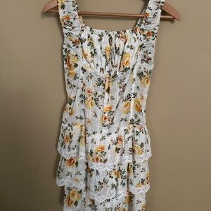 Sky to Moon White Floral Tiered Dress with Yellow Rose Print